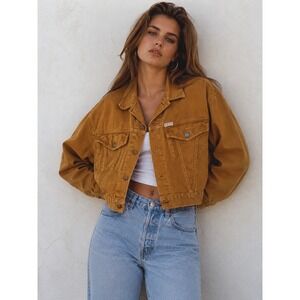 Vintage 90s Guess Mustard Brown Cropped Jean Trucker Jacket Boxy XL Oversized